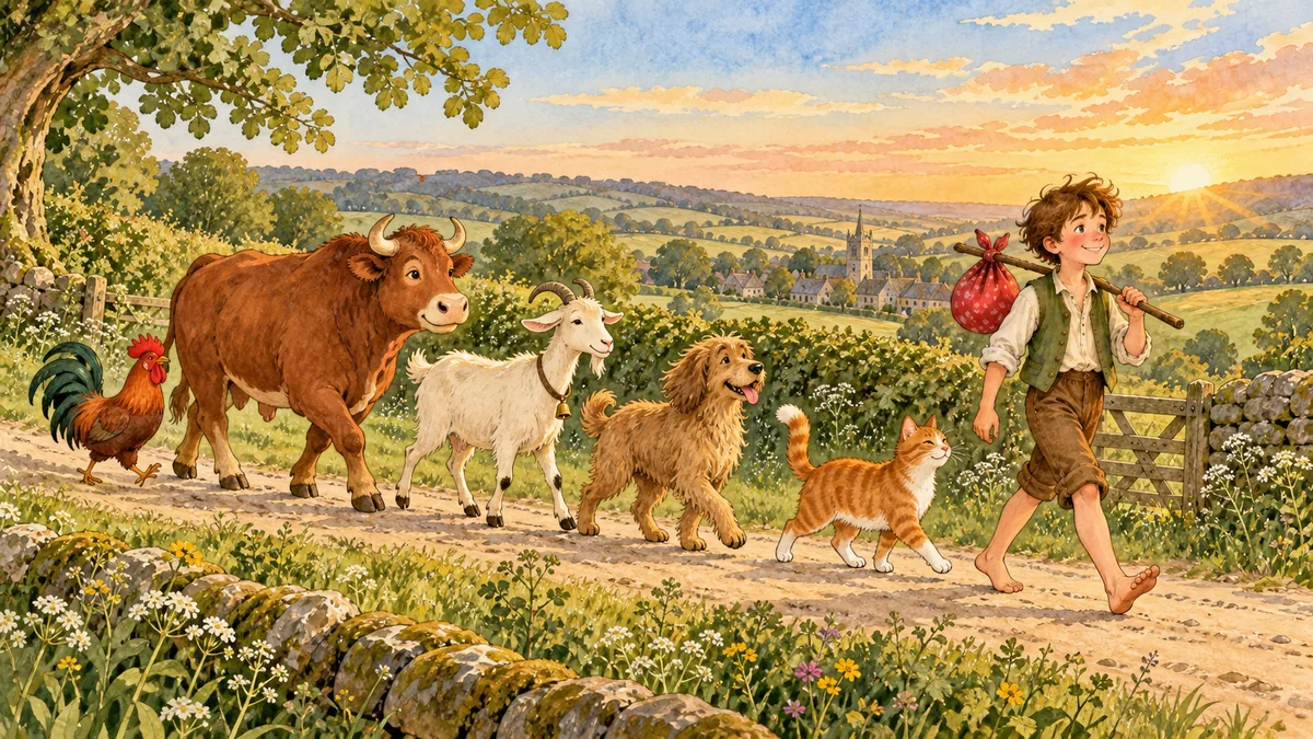 Jack marches merrily along the road, leading a happy parade of a cat, dog, goat, bull and rooster.