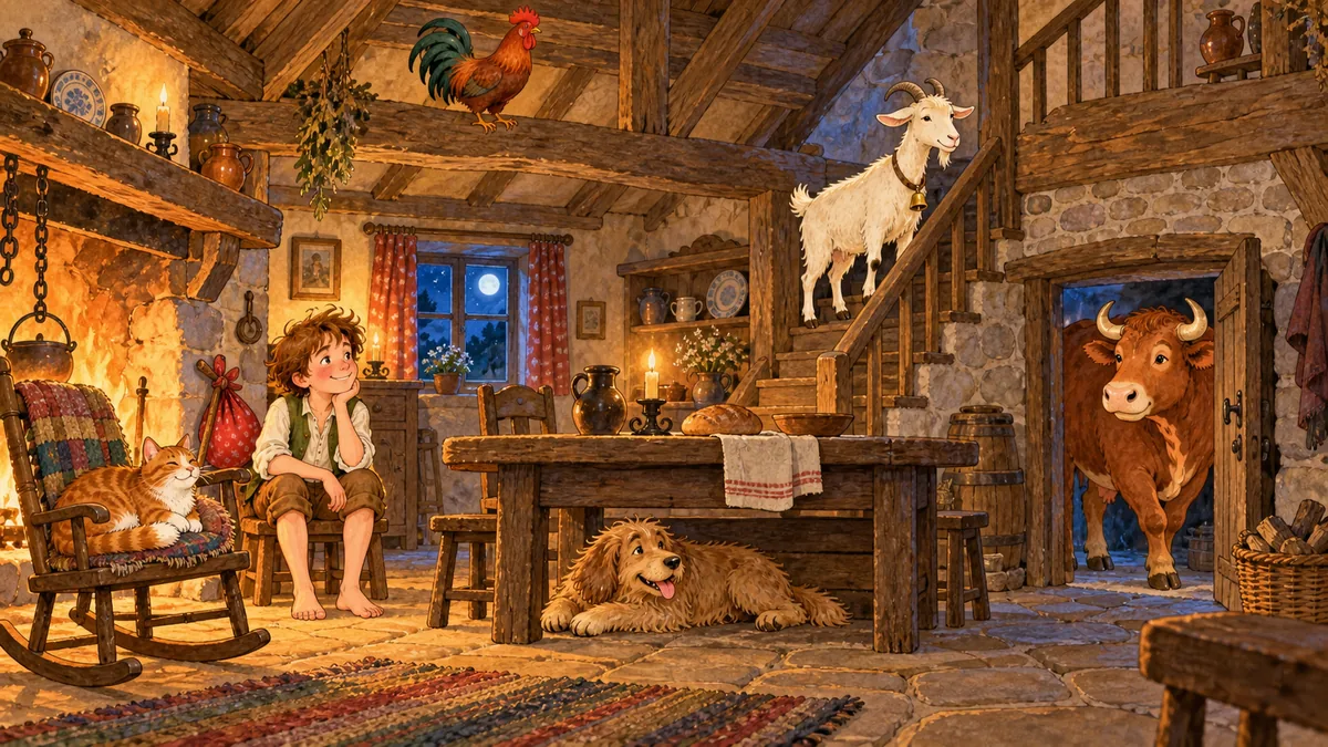 Inside the cosy cottage at night the animals take their comic posts, with Jack seated by the fire.