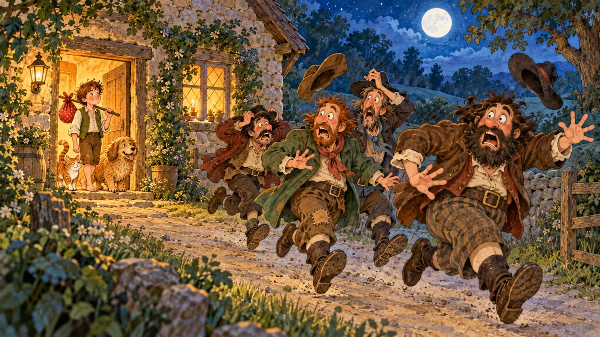 In the moonlit night a group of comic, startled robbers runs away from the cottage in fright.