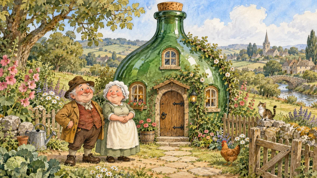 Little Mr. and Mrs. Vinegar stand proudly beside their cottage, which is a giant vinegar bottle.