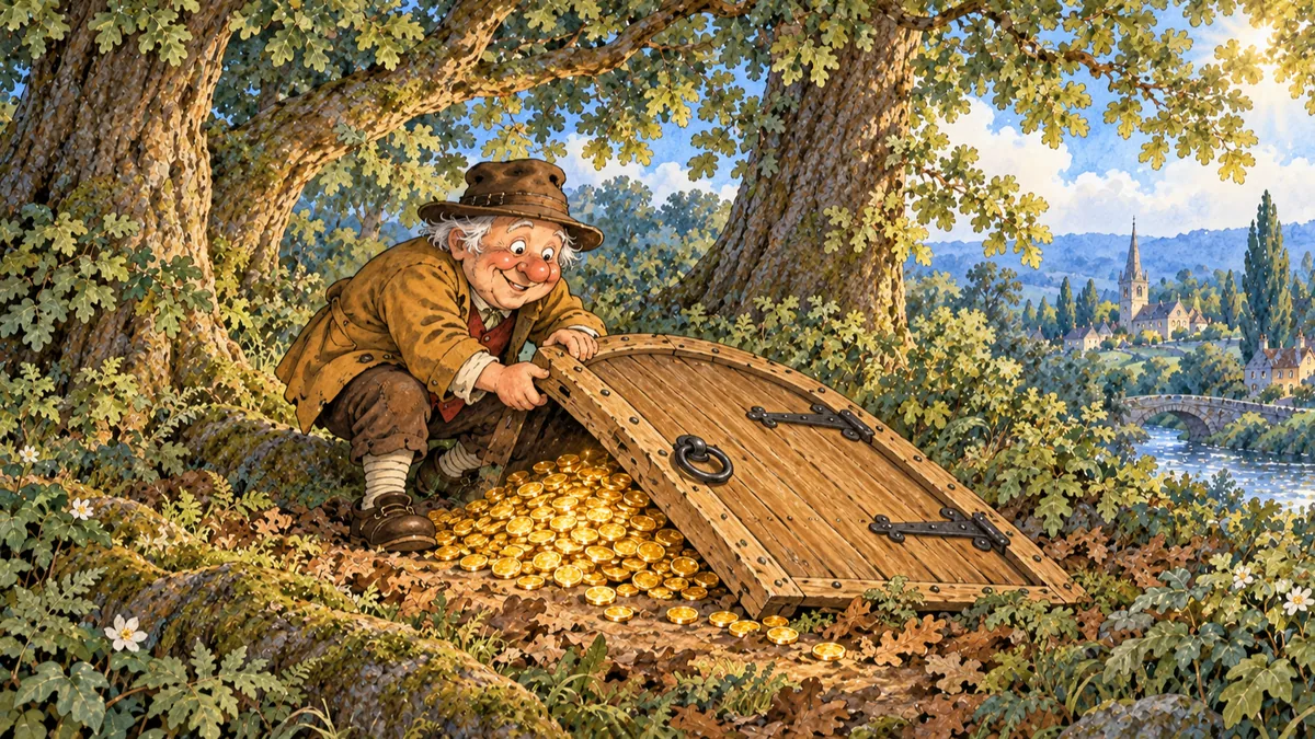 Mr. Vinegar lifts the fallen door on the forest floor to discover a heap of shining golden guineas.