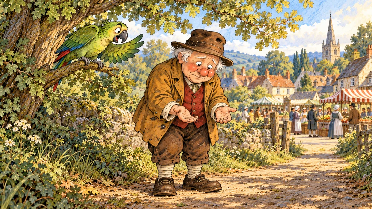 A downcast, empty-handed Mr. Vinegar at the edge of town is scolded by a cheeky parrot in a tree.