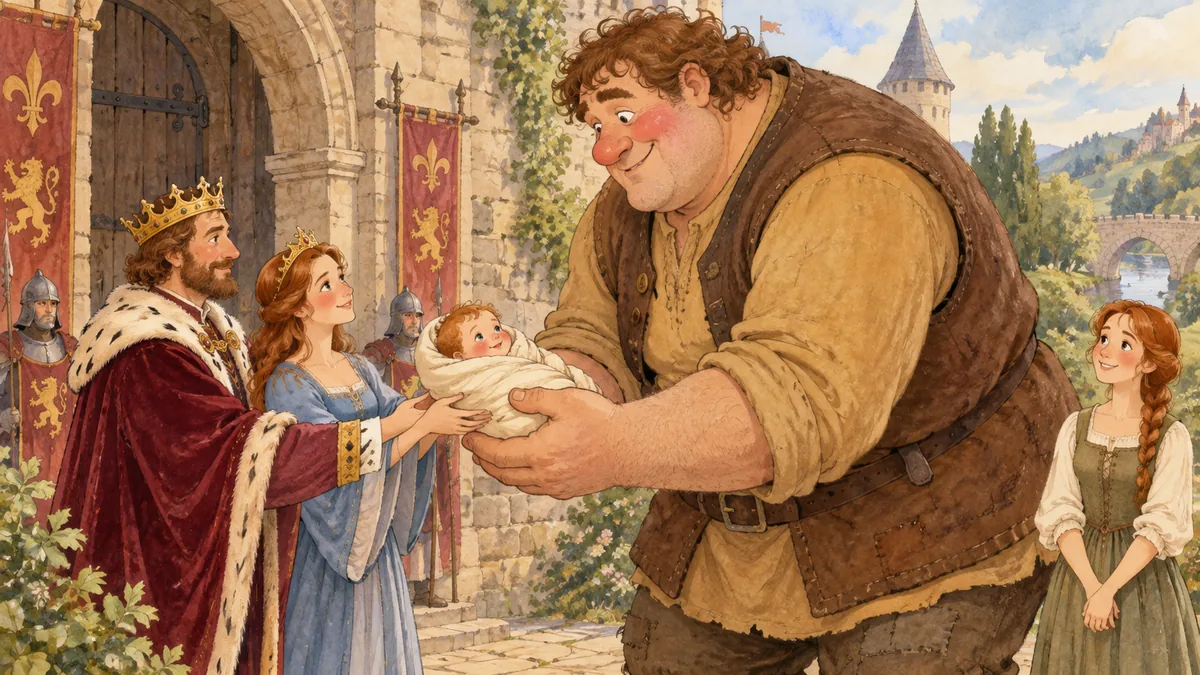 The king and queen at their castle gate hand their baby son to a big, round, kindly comic giant.