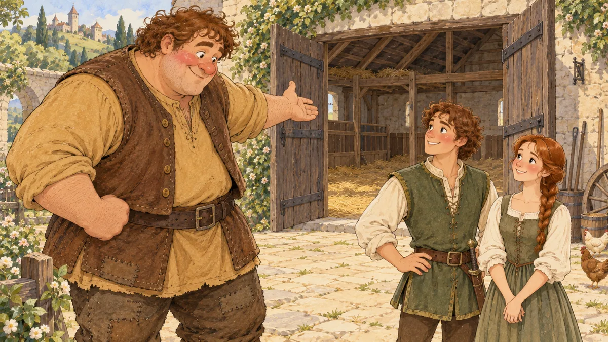 The grown prince and the giant's daughter smile fondly at each other as the comic giant sets him a task by an empty stable.