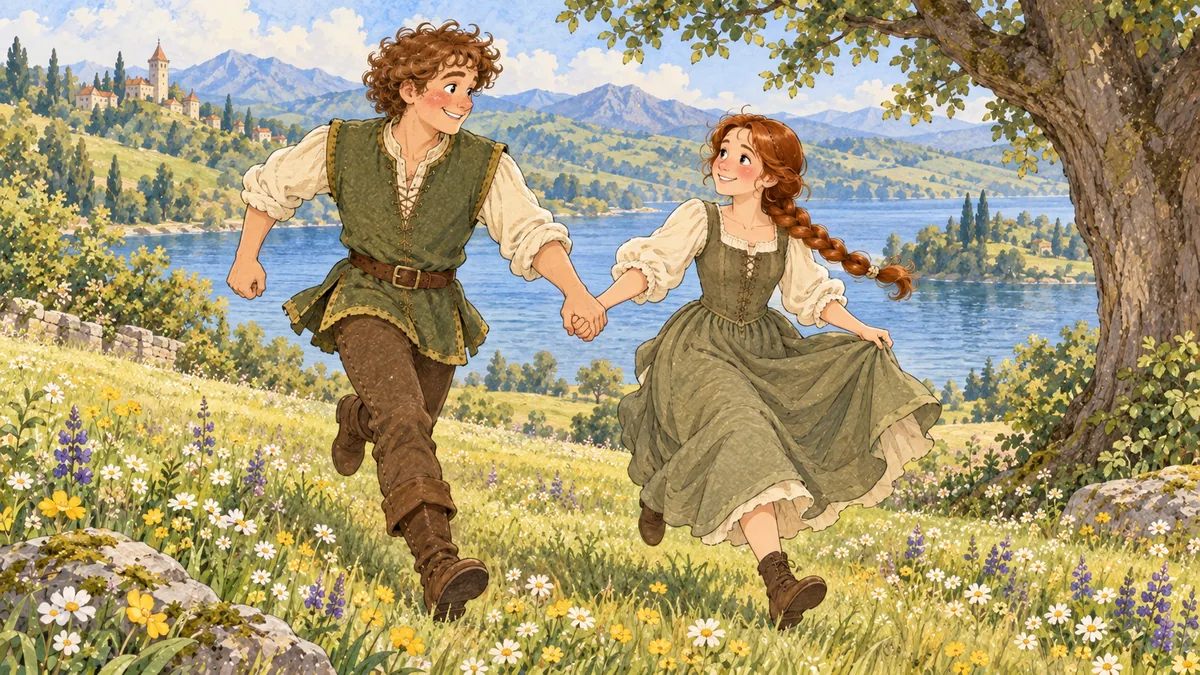 The giant's daughter and the prince run away hand in hand across a meadow past a lake and a tall tree.