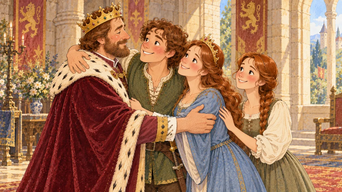 A joyful reunion in the castle hall: the prince, awake, embraces the king and queen with the giant's daughter beside them.