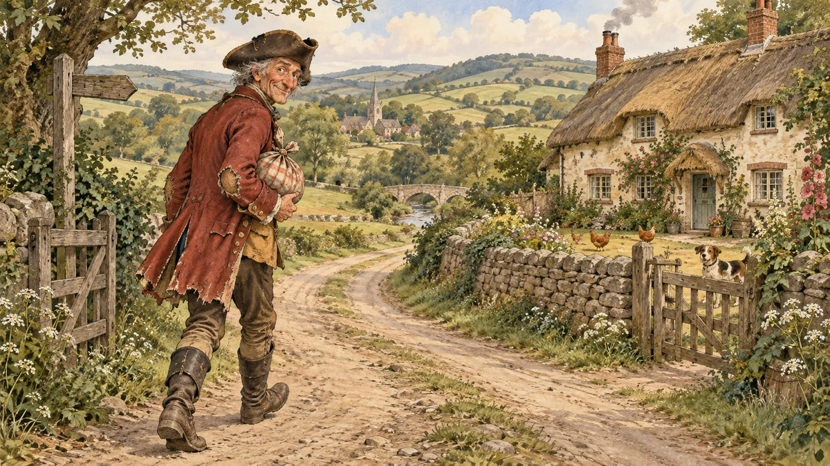 The ragged old soldier Jack Hannaford walks down a country road toward a snug farmhouse, a bundle under his arm.