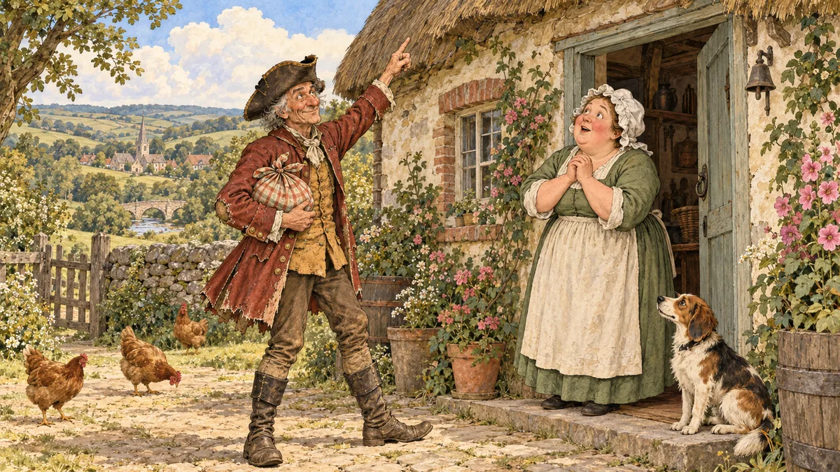 Jack Hannaford at the farmhouse door spins a tale to the gullible goodwife, gesturing up at the sky.
