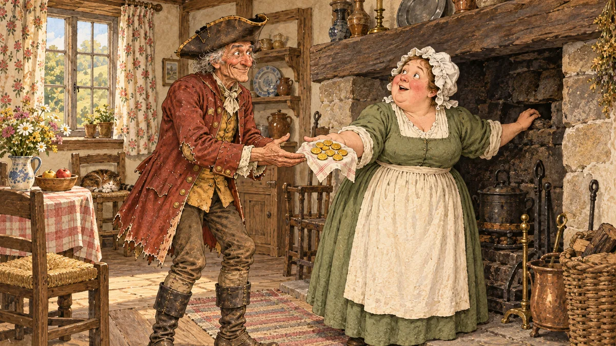 The goodwife pulls a rag of ten gold coins from the chimney and hands it to the sly, delighted soldier.