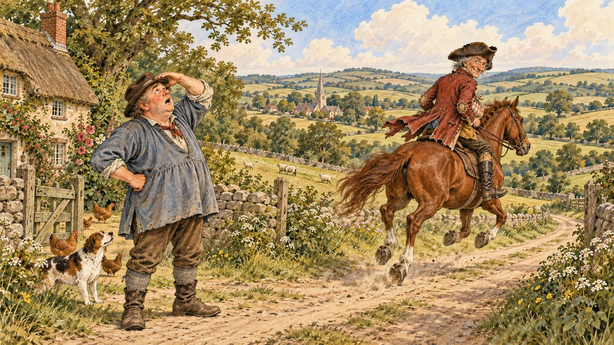 Jack Hannaford gallops away on the farmer's horse while the foolish farmer shades his eyes, staring at the sky.