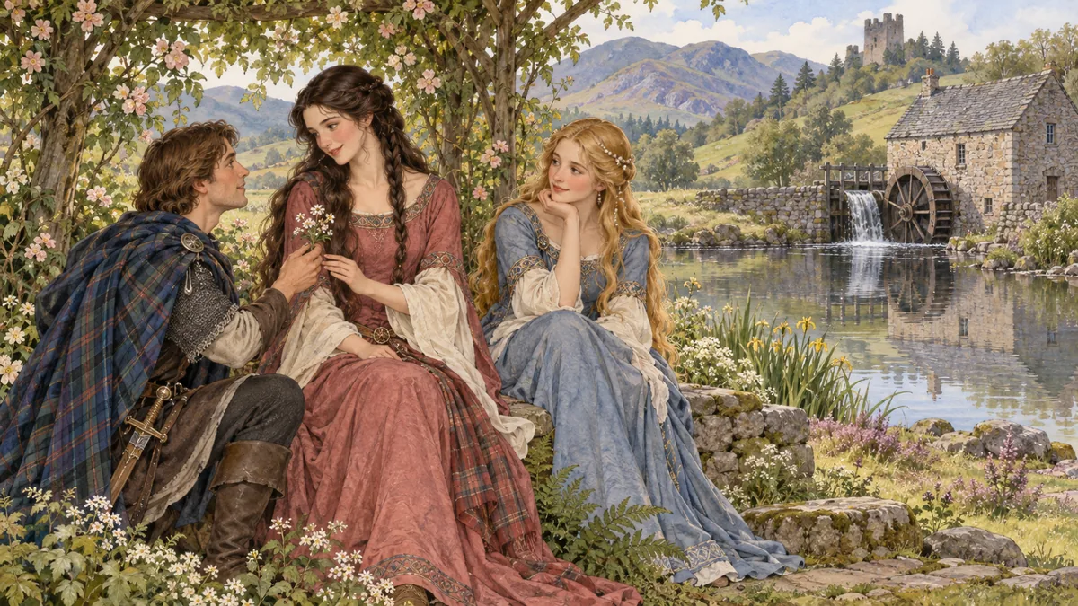 Two royal sisters in a bower by the mill-dams as a young knight courts the dark-haired elder while the golden-haired younger looks on.