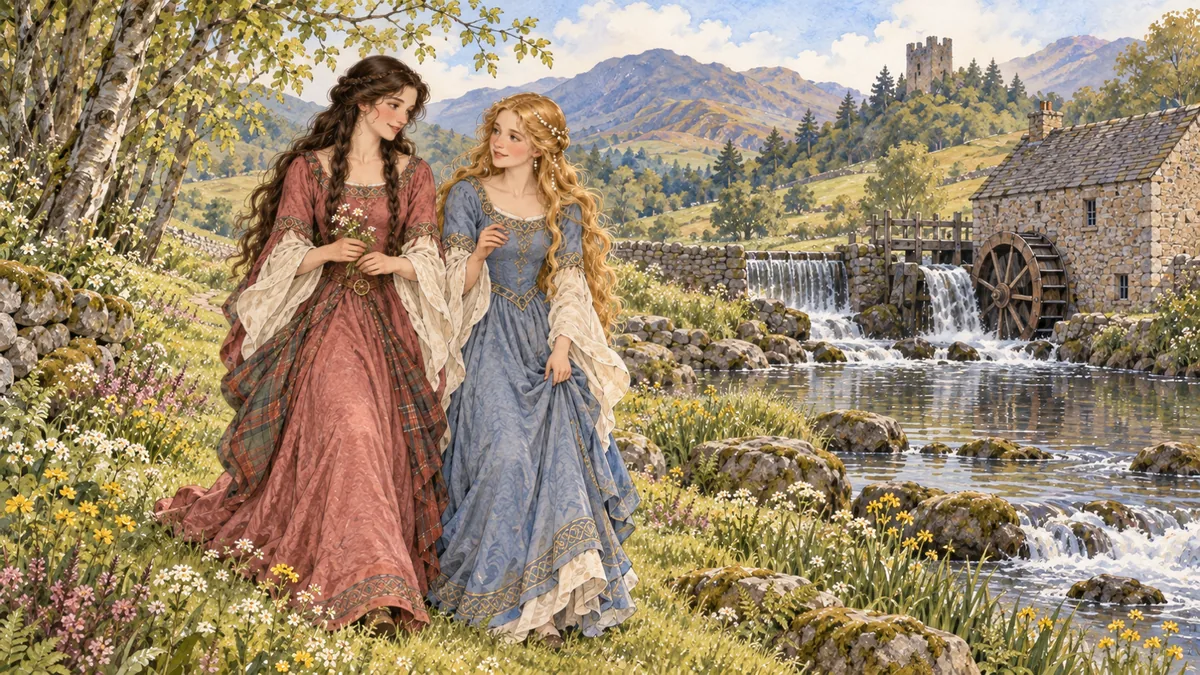 The two sisters walk together along the grassy bank of the mill-stream in the fresh morning.