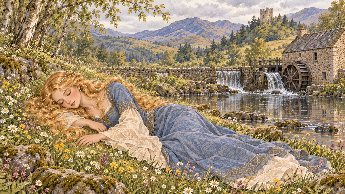 The fair golden-haired princess lies peacefully, as if asleep, on the flowery riverbank near the old mill.