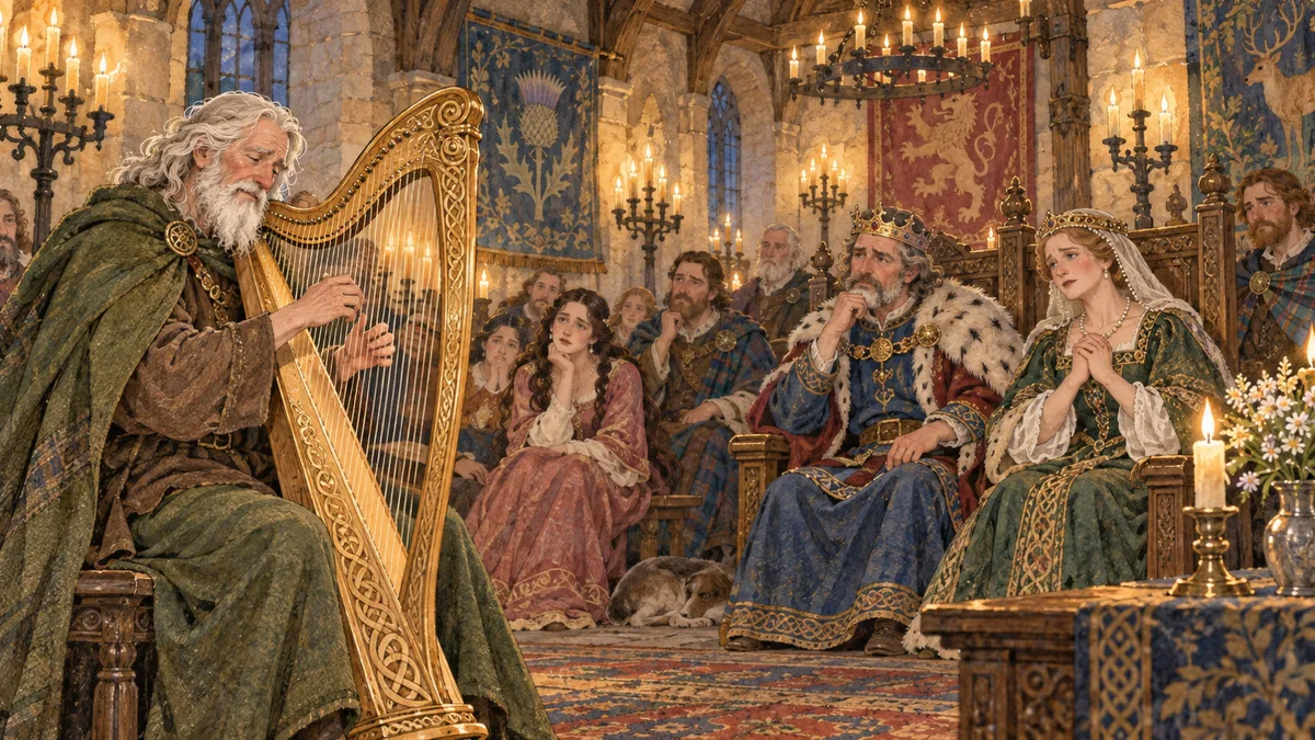 In a candlelit castle hall the kind harper plays a golden harp before the spellbound king, queen and court.