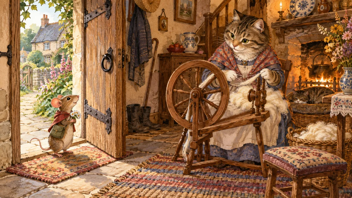 A little mouse greets the cat, who sits spinning wool at her wheel in a cosy cottage.
