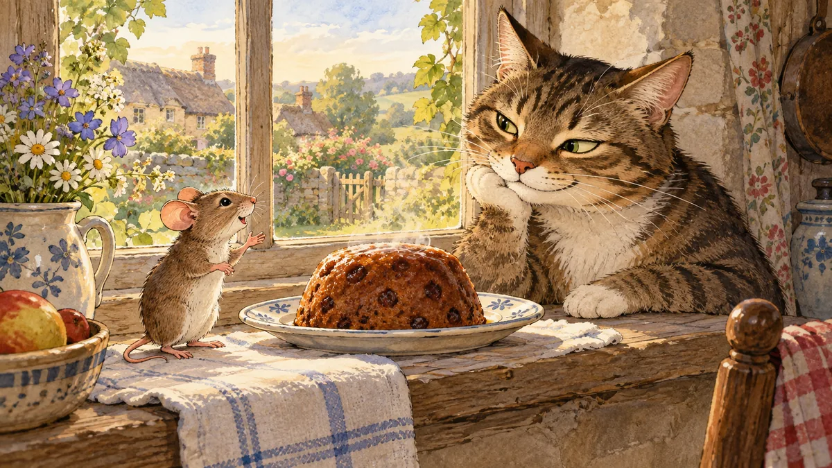 The mouse tells of its market pudding cooling on the window sill while the cat listens slyly.