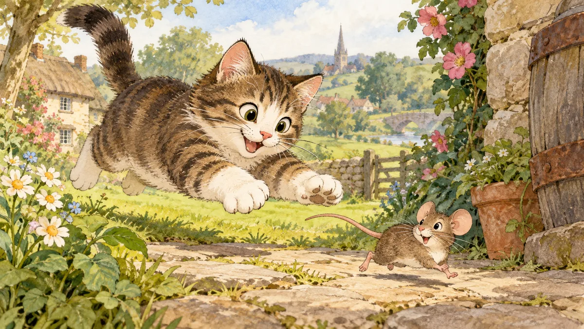 The cat springs playfully toward the startled little mouse in a whimsical, harmless chase.