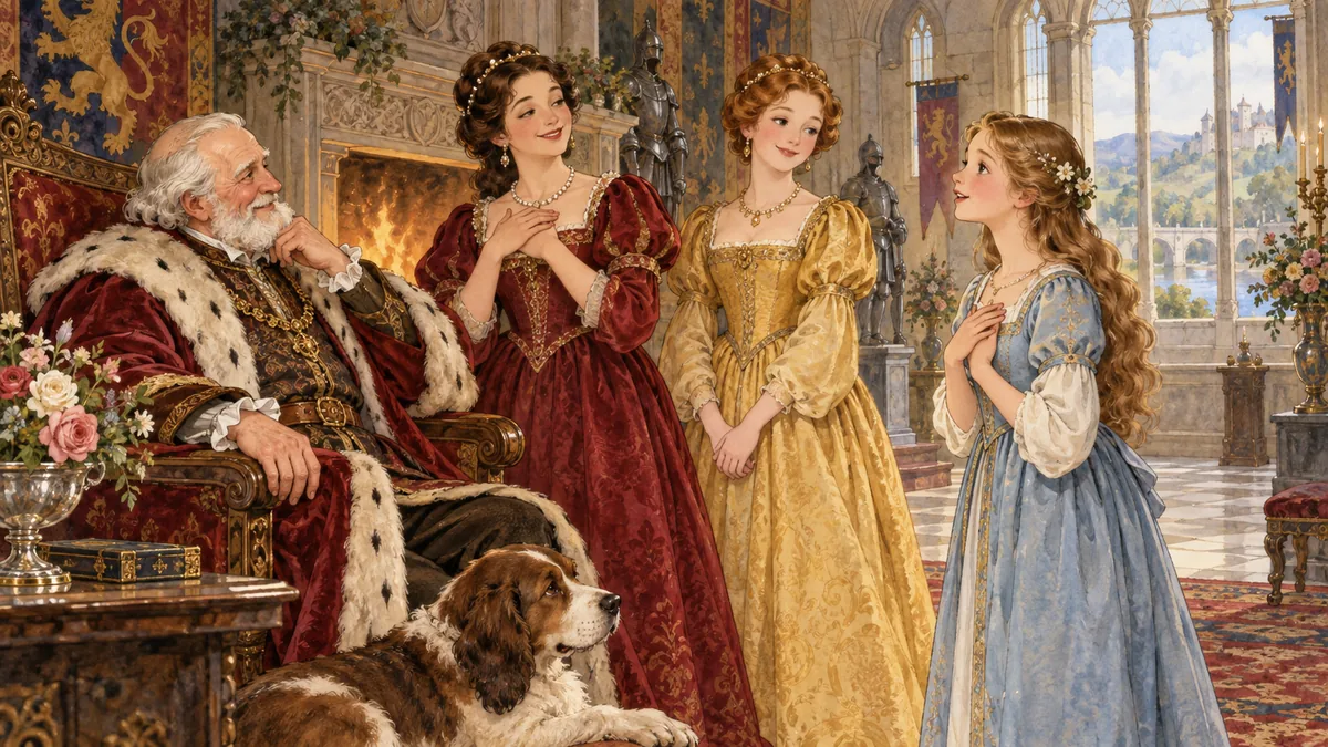 A rich old gentleman asks his three daughters how much they love him, the youngest answering earnestly.