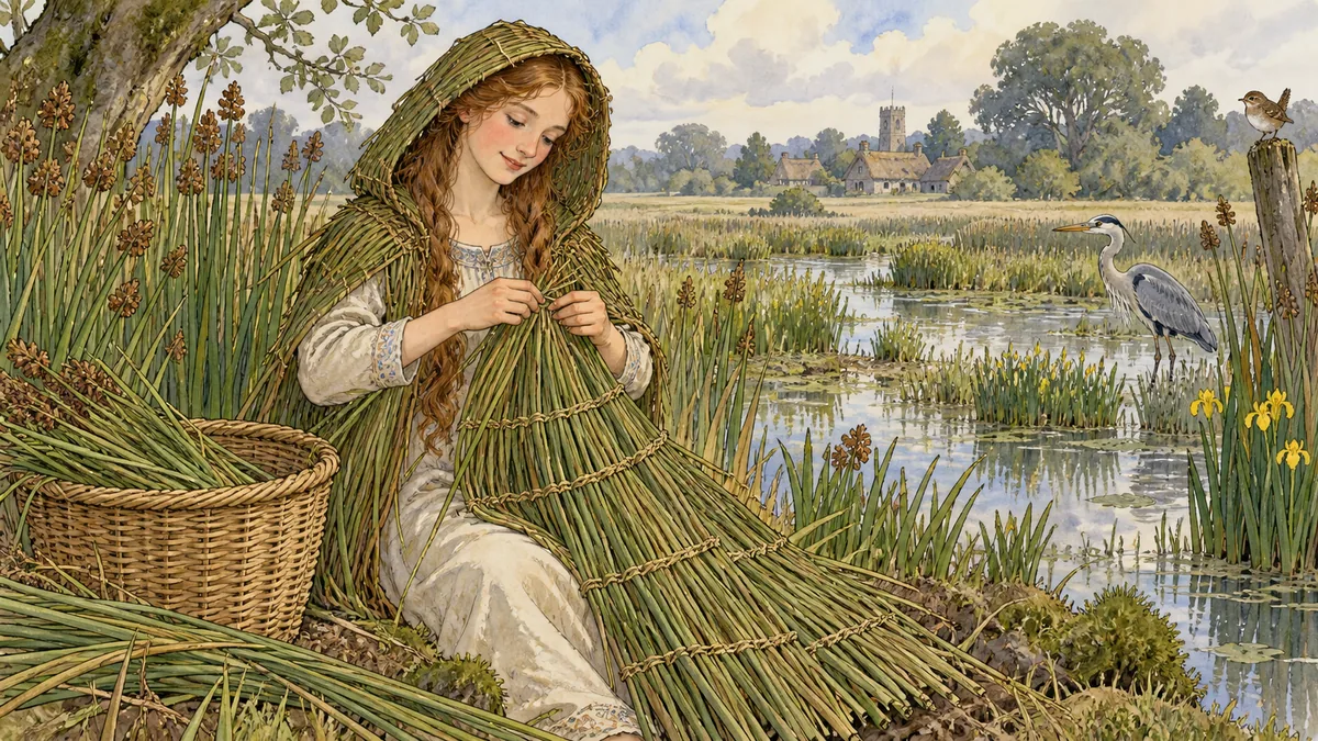 In a reedy fen the young woman gathers rushes and weaves a hooded cloak over her fine clothes.