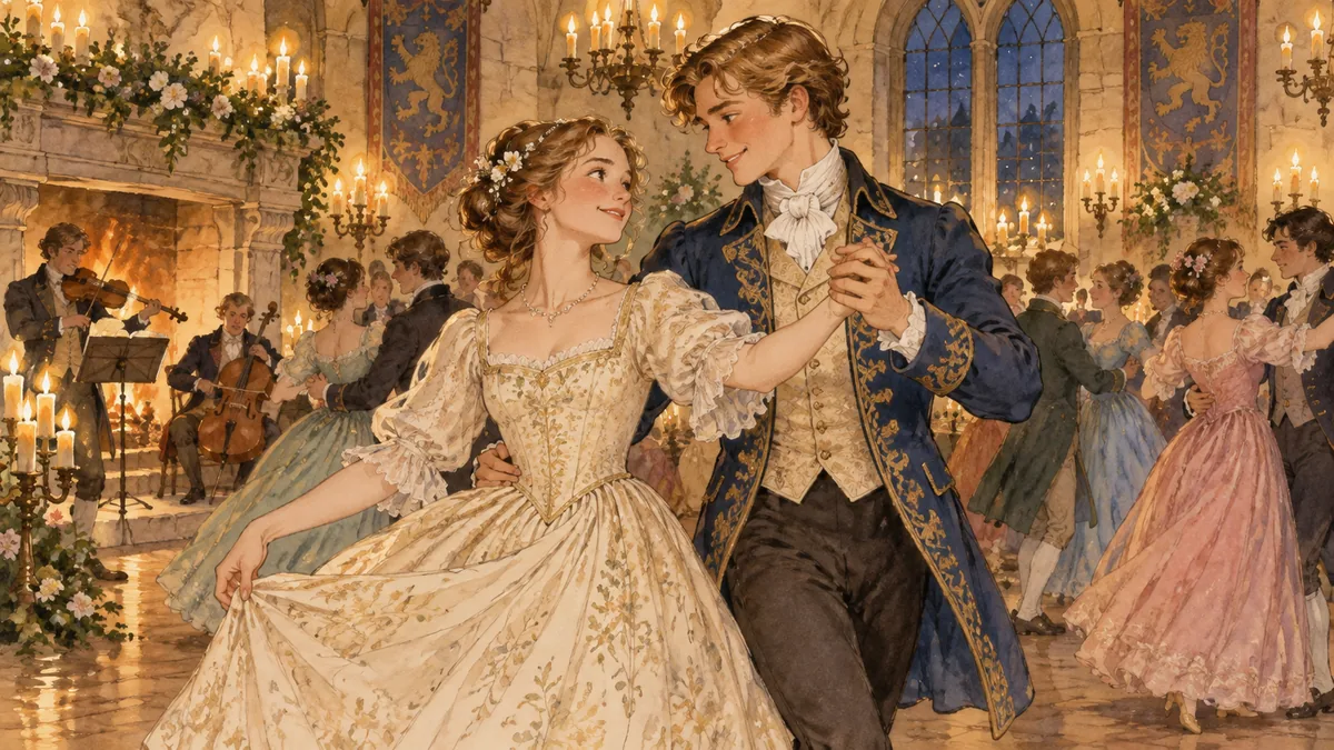 At a candlelit dance the finely gowned young woman dances with the master's son, who cannot look away.