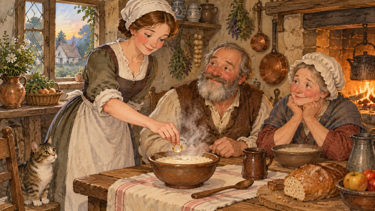In the kitchen the maid quietly drops a gold ring into a steaming bowl of gruel.
