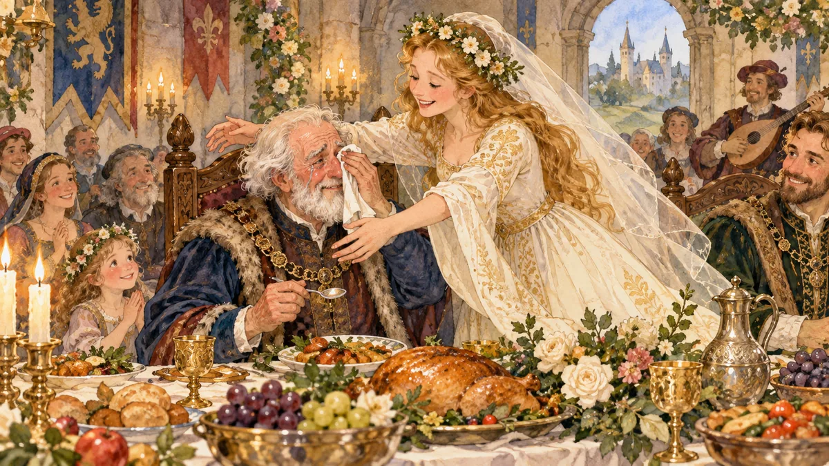 At the wedding feast the weeping old father is embraced by his radiant daughter, the bride.