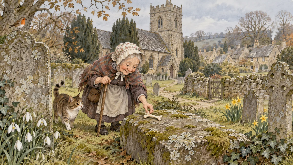 A tiny bonneted old woman finds a small bone on a grave in a little village churchyard.