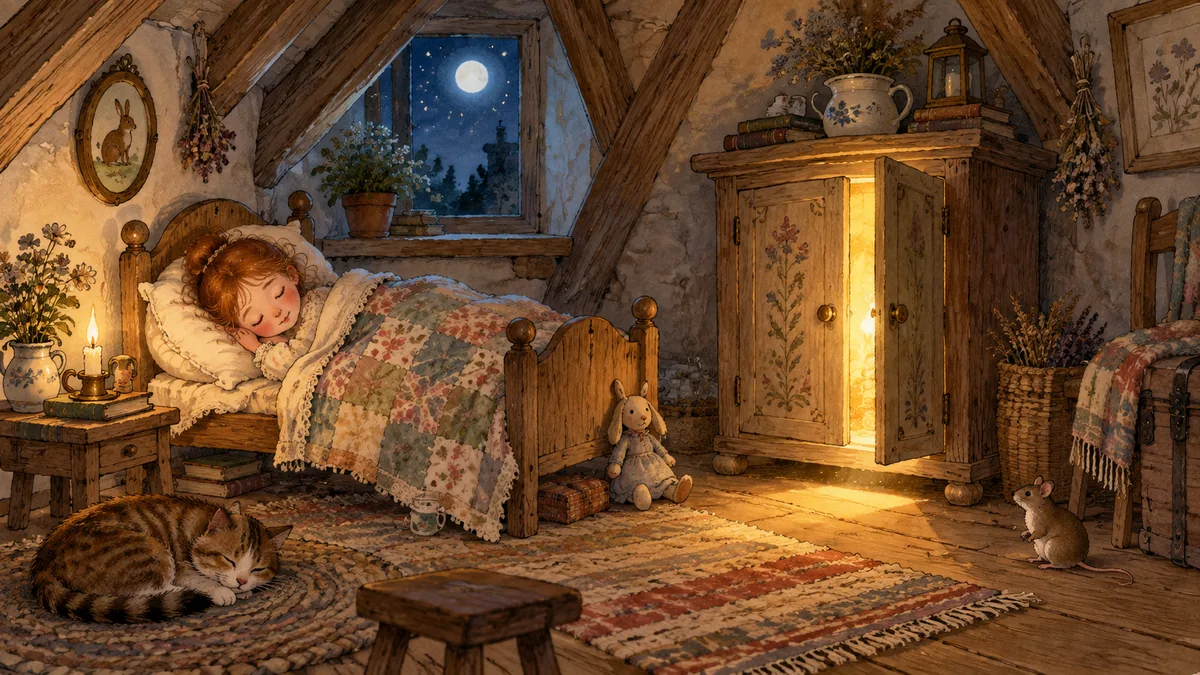 The tiny woman sleeps in her little bed as a small cupboard glows and a voice calls in the night.