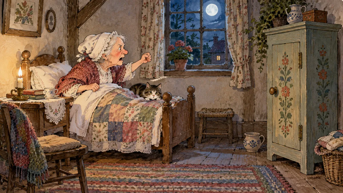The tiny woman sits up bravely in bed and shouts back toward the little cupboard.