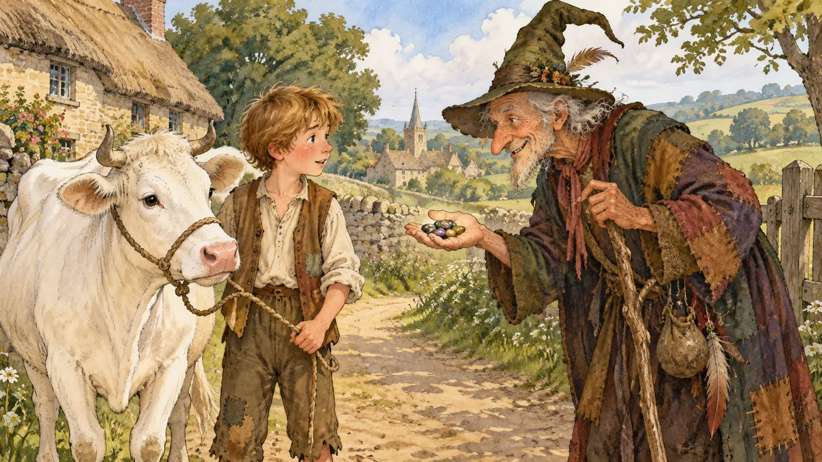On a country lane Jack trades his white cow to a funny old man for a handful of magic beans.