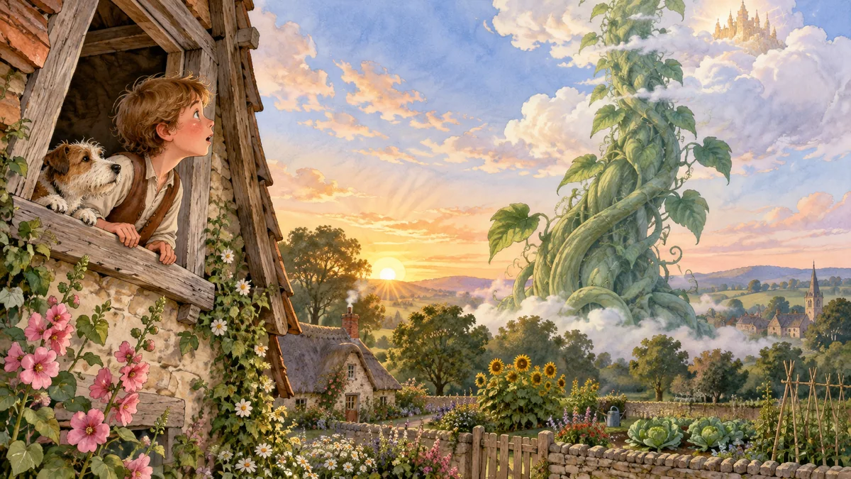 At dawn Jack stares from his attic window at a giant beanstalk climbing into the sky.