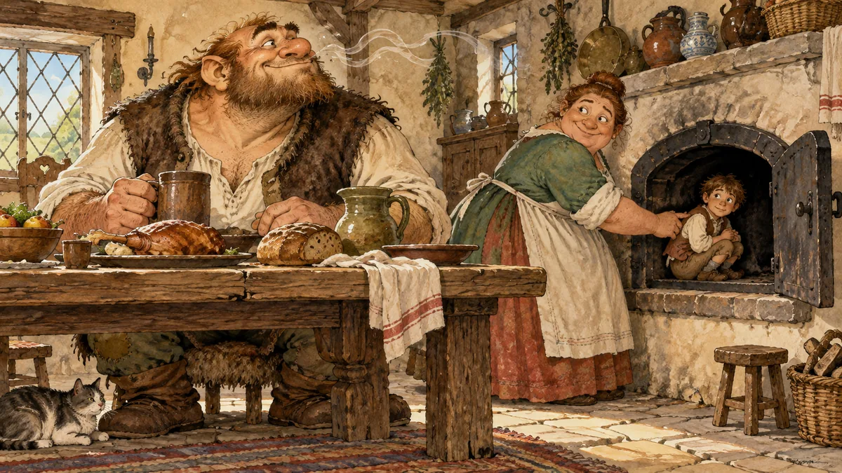 The comic giant sniffs the air at his table while his kindly wife hides Jack in the oven.