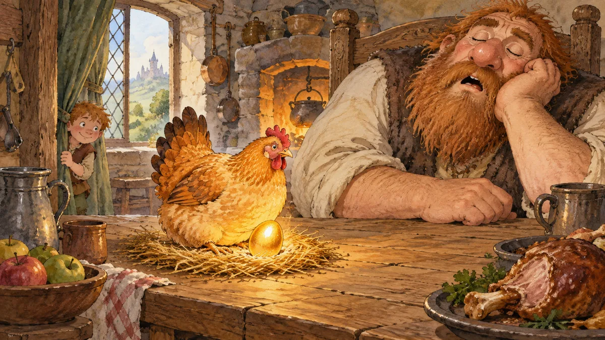 On the giant's table a magic hen lays a golden egg as the giant dozes and Jack peeks out.