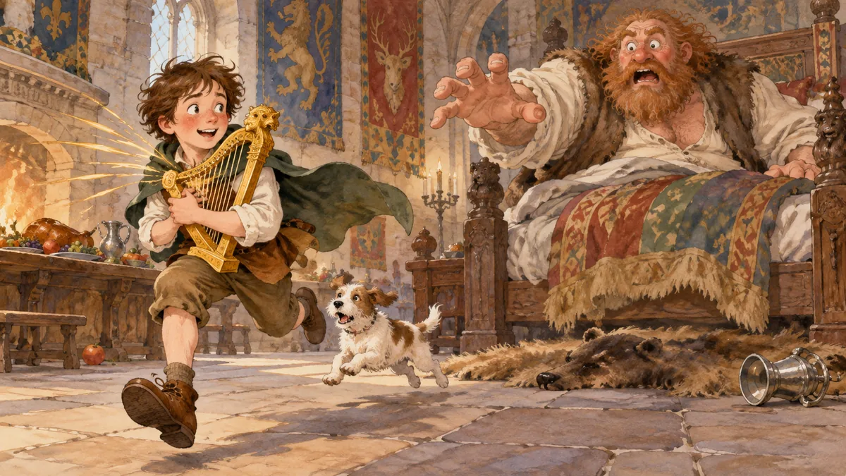 Jack races off clutching the crying golden harp as the comic giant wakes behind him.