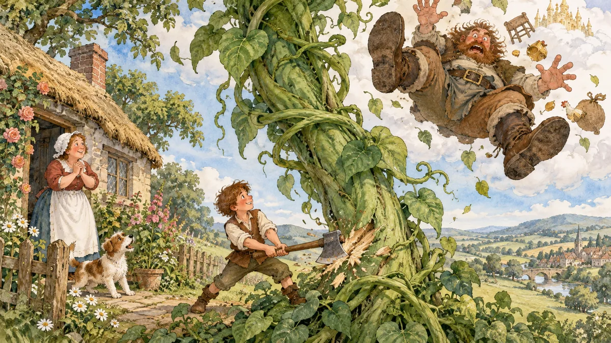 Jack chops the beanstalk with an axe as the comic giant tumbles from the clouds and his mother watches.