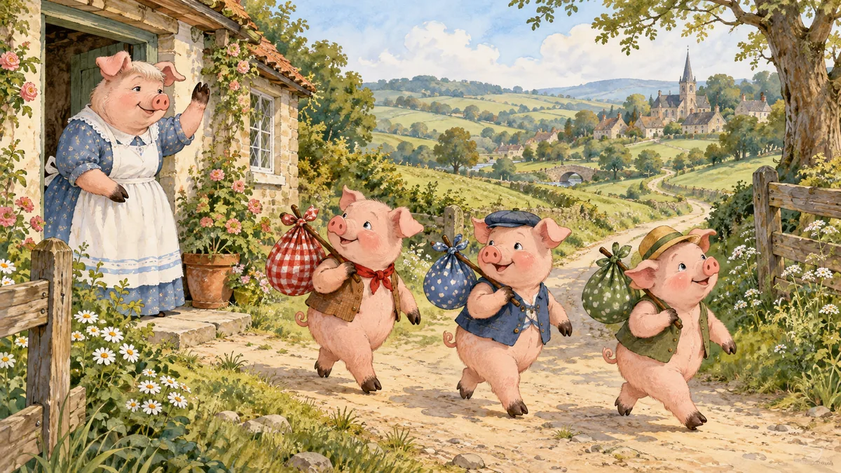 The old mother sow waves off her three cheerful little pigs down a country lane.