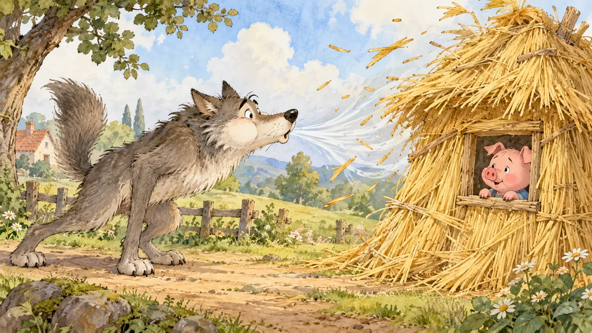 A comic wolf puffs at the little pig's straw house while the pig peeks out.