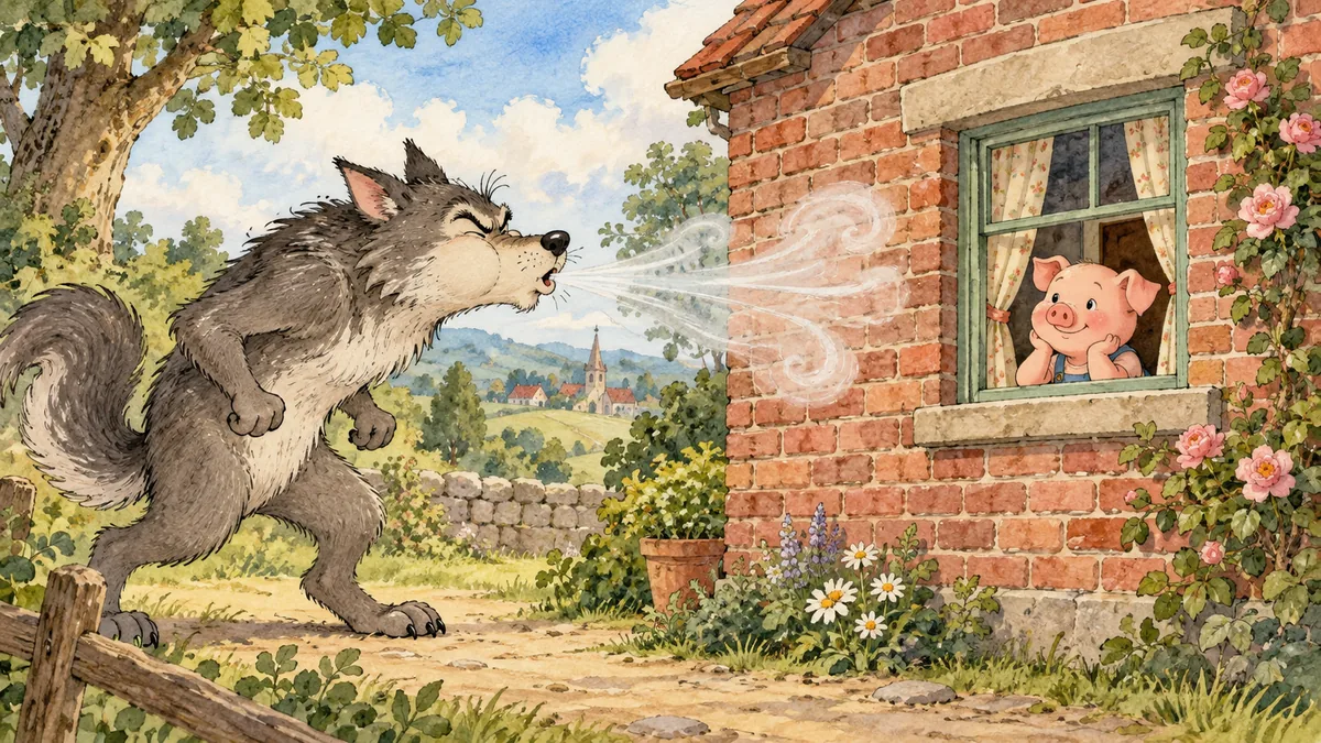 The comic wolf puffs in vain at the sturdy brick house as the little pig watches calmly from a window.