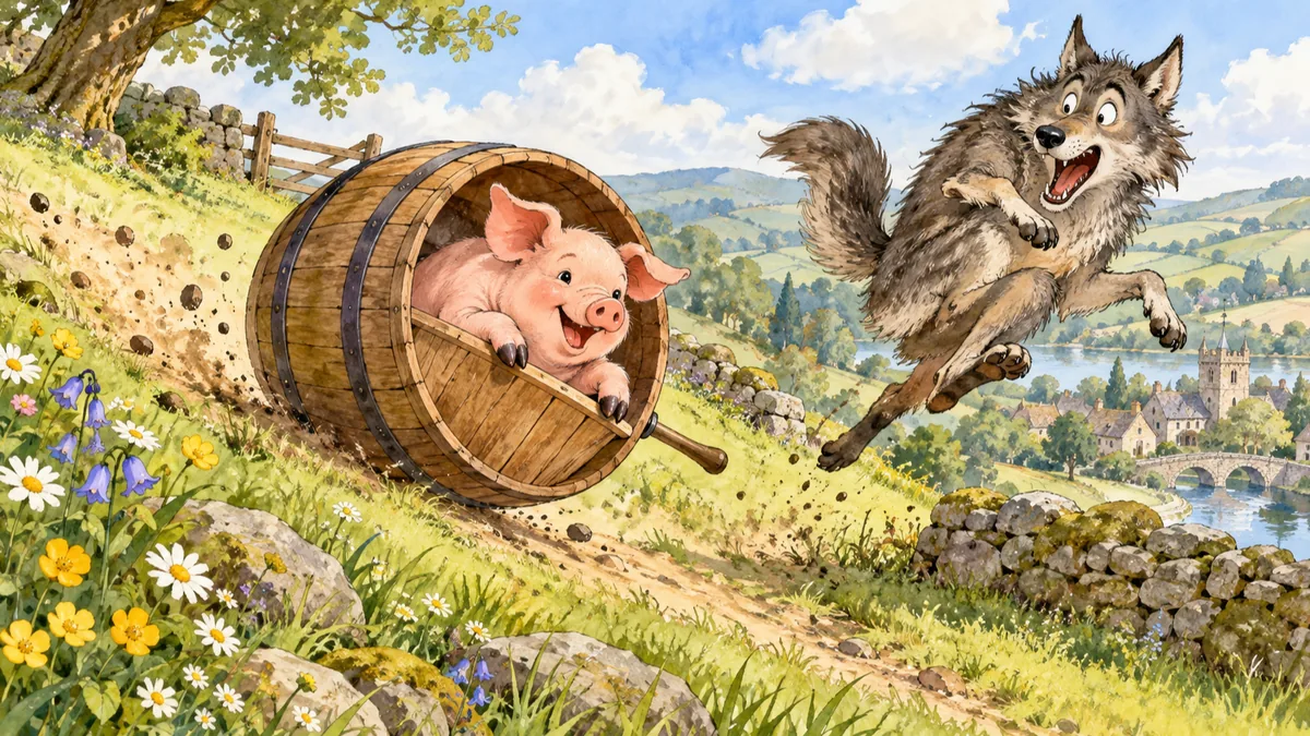 The little pig rolls downhill inside a butter-churn as a startled comic wolf jumps aside.