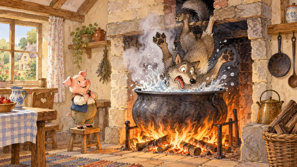 The comic wolf tumbles down the chimney into a pot by the hearth as the clever little pig watches.