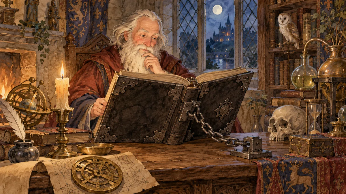 A learned old scholar reads his great iron-bound black book chained to a table in a candlelit study.