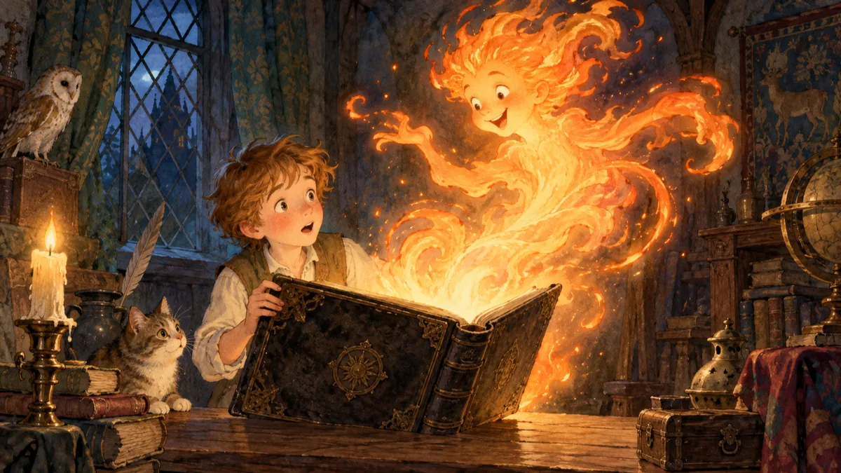 The foolish pupil opens the black book and a comic fiery spirit rises glowing in the dark room.