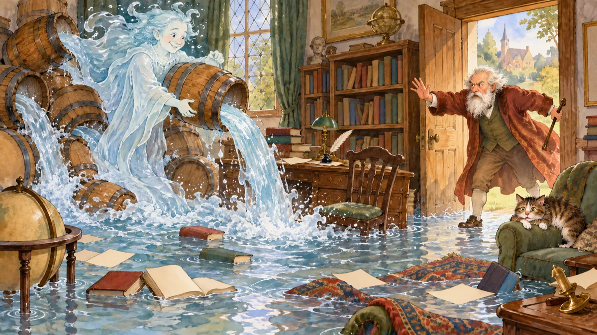 The study floods as the comic spirit pours endless barrels and the master rushes in to banish him.