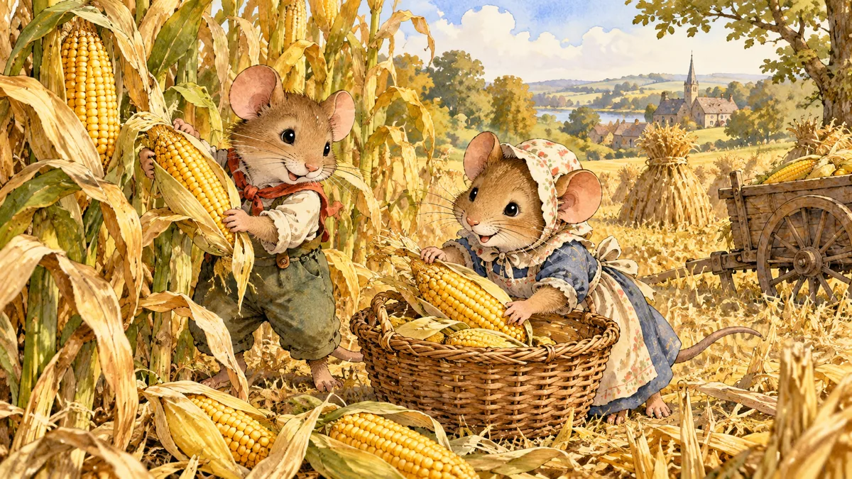 Two little mice glean ears of golden corn together in a sunny harvest field.