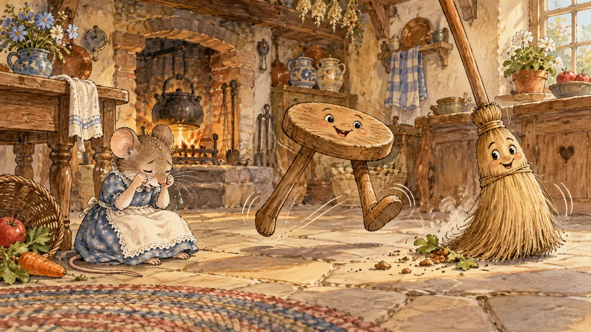 In the cottage kitchen the little mouse weeps while a stool hops and a broom sweeps by itself.
