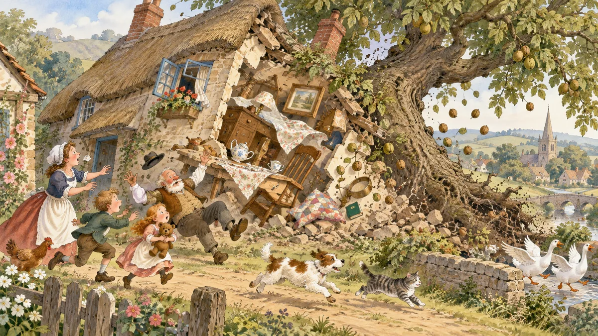 A great walnut tree topples and the cottage tumbles as objects comically scatter.