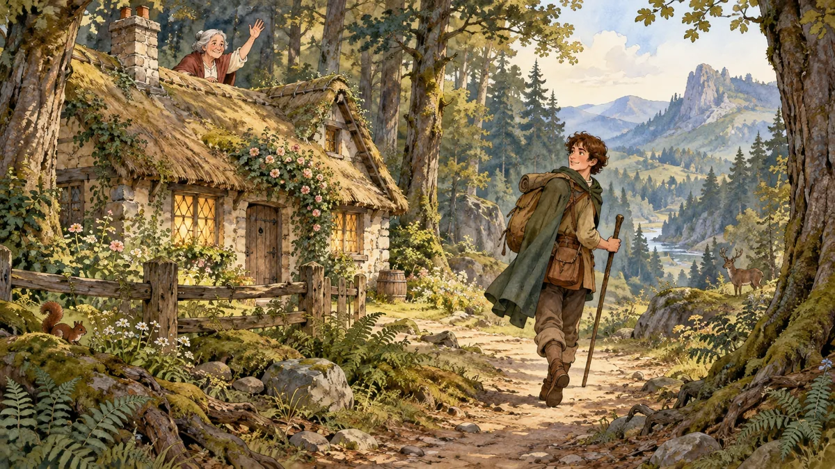 Young Jack leaves his parents' cottage in a great forest as his old mother waves from the rooftop.