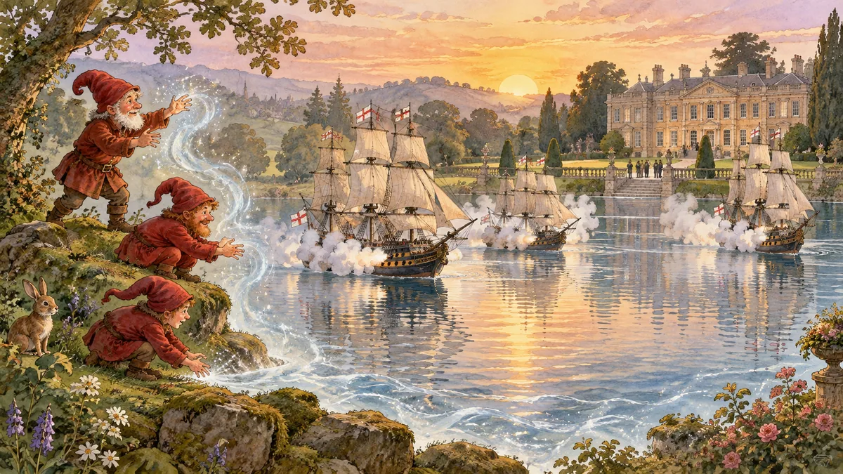 Three tiny red men conjure a lake where tall warships fire a salute before a grand mansion at dawn.