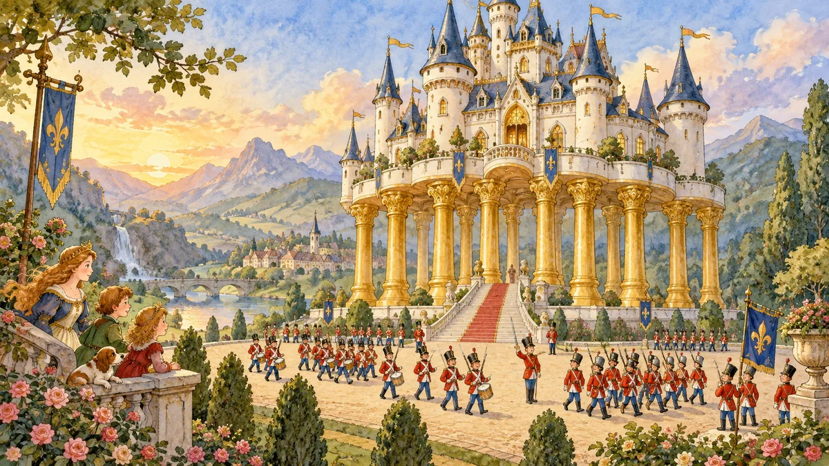 A grand castle rises on twelve golden pillars as toy-like soldiers drill before it.