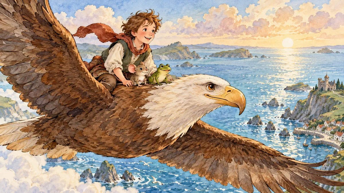 Jack rides a great friendly eagle over a sparkling sea with his little mouse and frog friends.